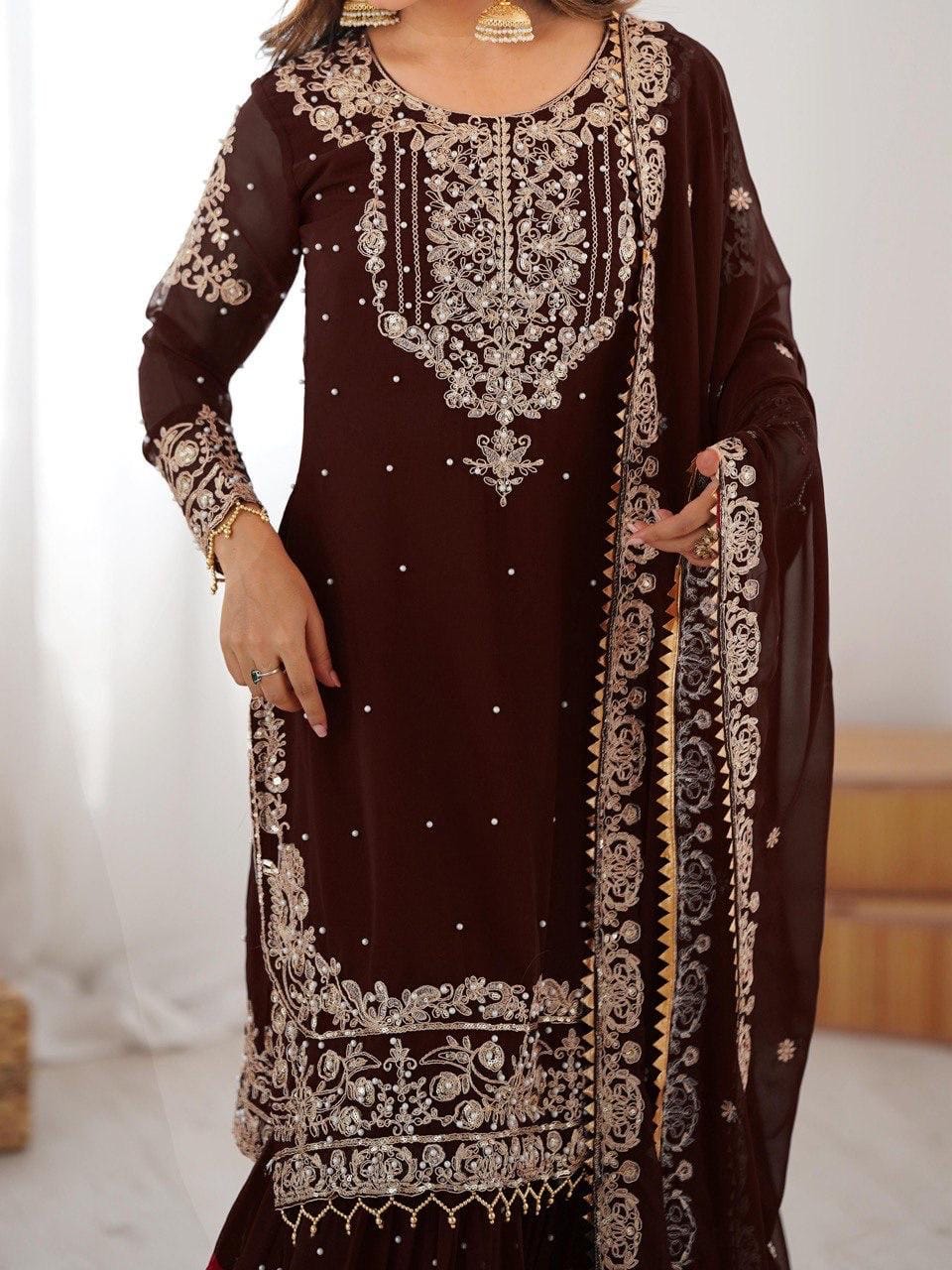 Premium Faux Georgette Embroidery with Moti Work Designer Kurti Sharara Dupatta Set (Ready to Wear)