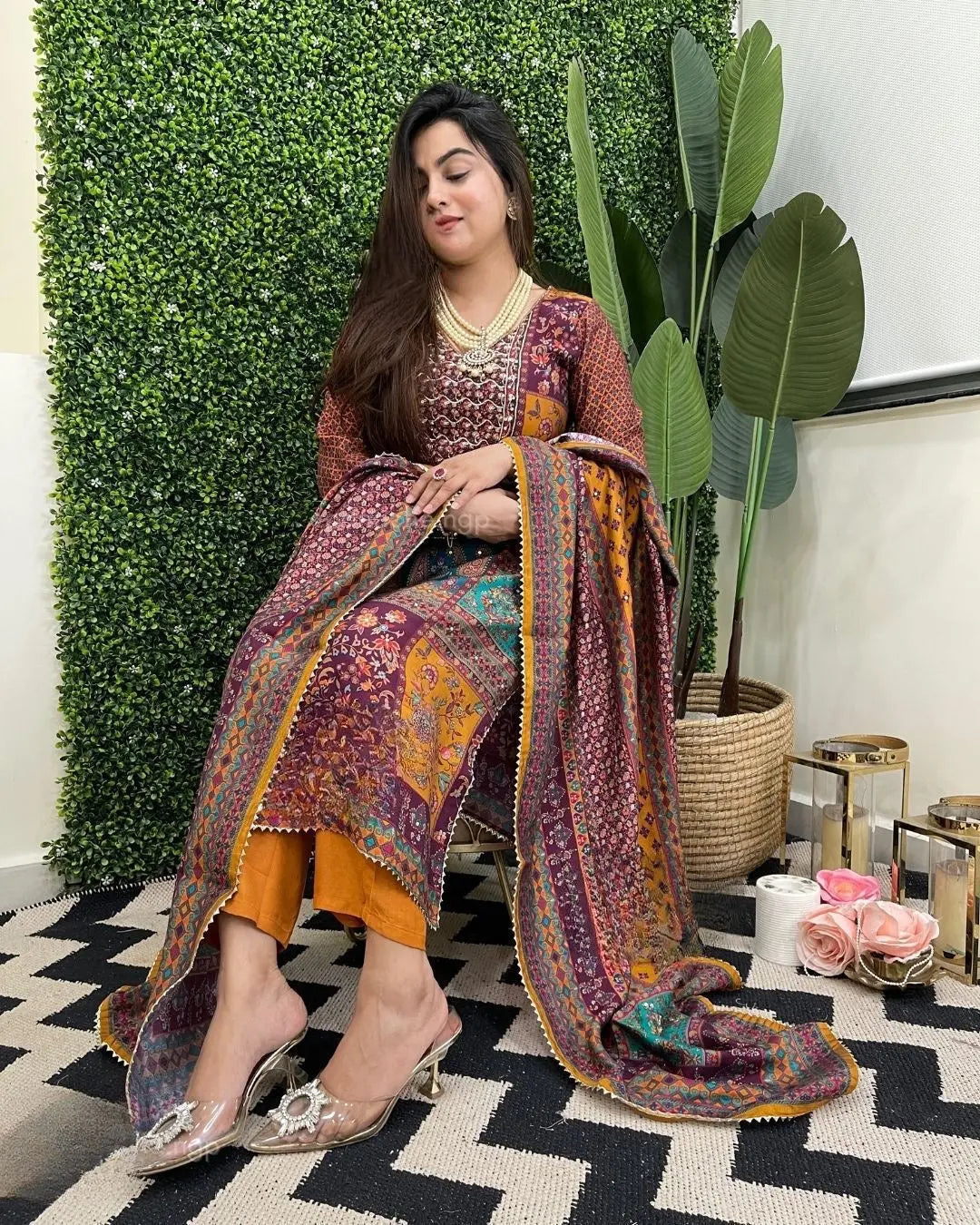 Muslin Real Mirror work Digital Print Party wear Kurti Pant Dupatta set