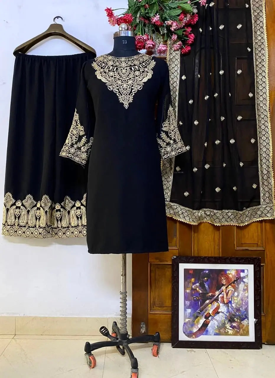 Georgette Zari Embroidery Stone neck work kurti Pant Dupatta Set