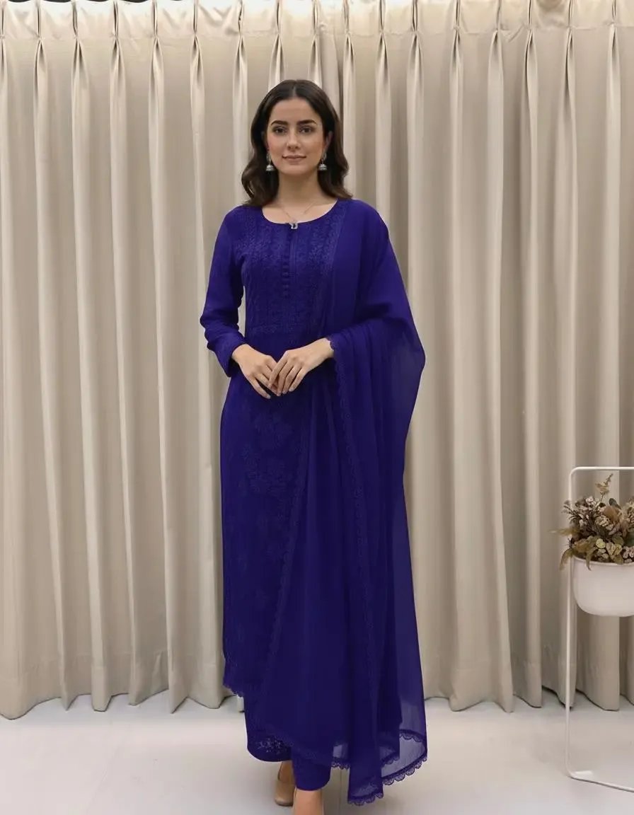 Georgette Chikankari Kurti Palazzo Dupatta Set