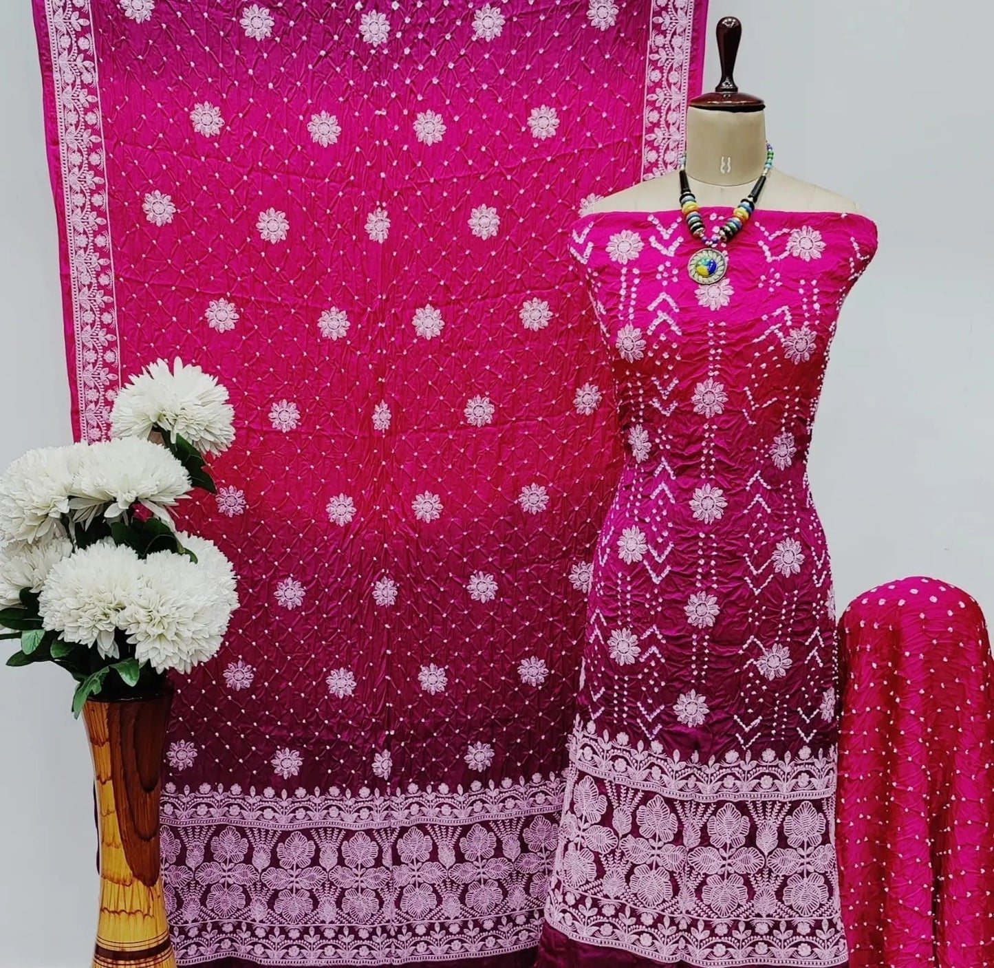 Modal Silk Lakhnavi Thread Work Bandhani Dress Material
