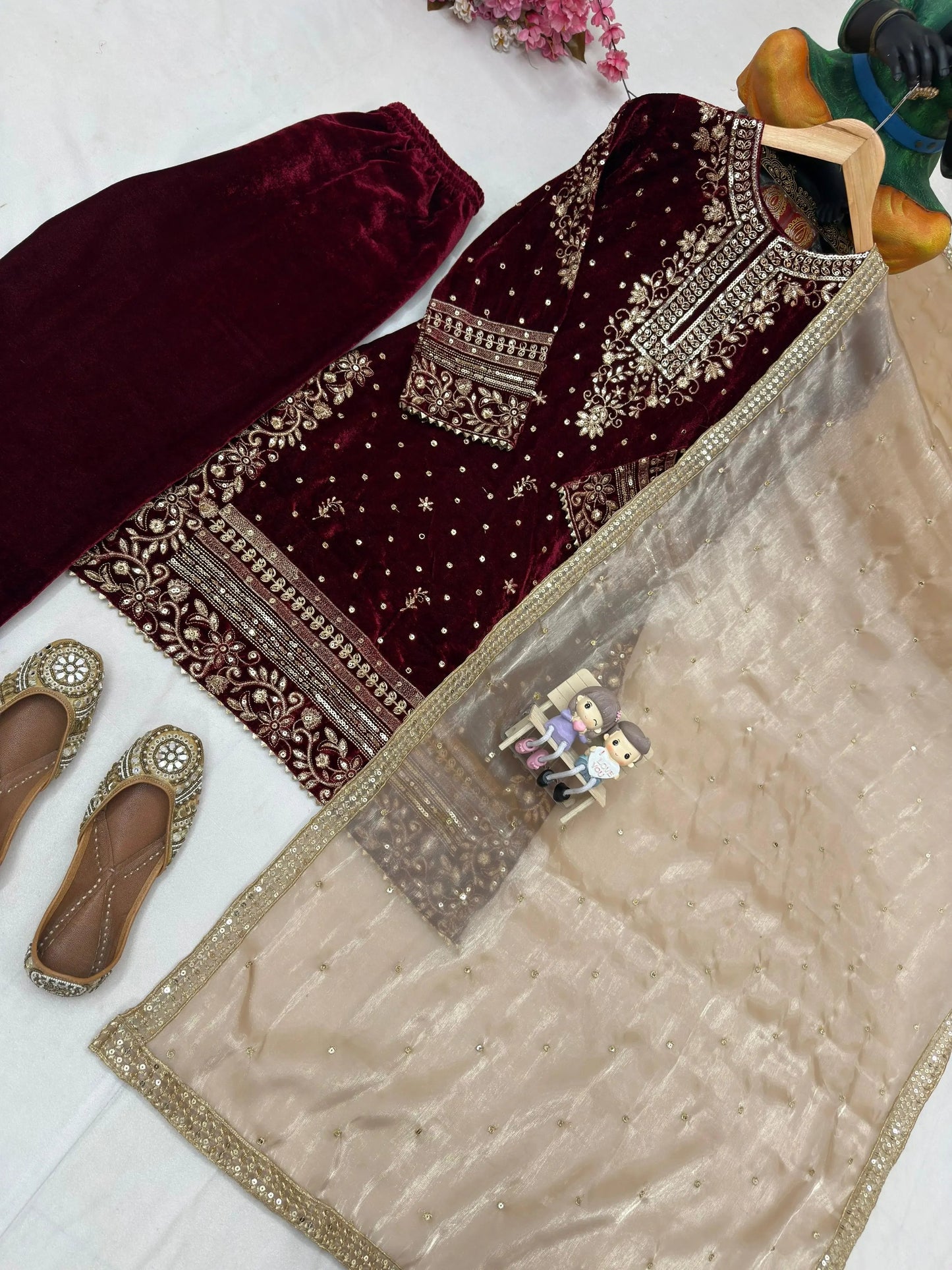 Real Moti Work with Sequence Embroidery Designer Velvet Kurti Pant Dupatta Set (Ready to Wear)