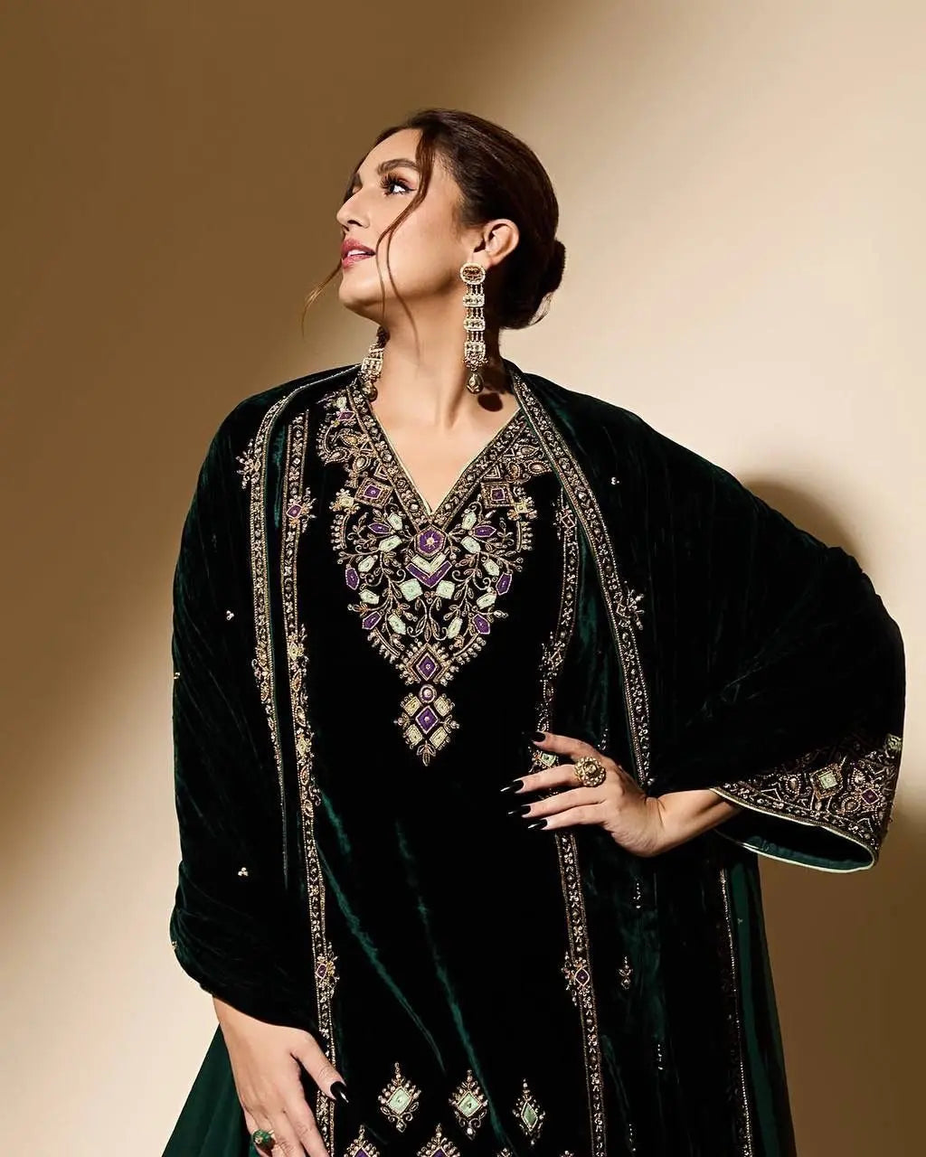 Viscose Velvet Sequence Embroidery Work Designer Party Wear Velvet Kurti Palazzo Dupatta Set (Ready to Wear)