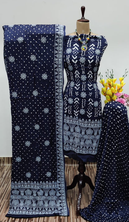 Modal Silk Lakhnavi Thread Embroidery work Bandhani Dress Material (Unstitched)