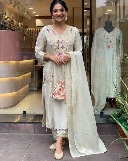 Pure Roman Silk Sequence Embroidery with Kodi Work Summer Special Kurti Pant Dupatta Set