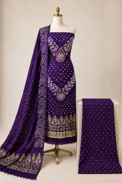 Modal Silk Barik Bandhej Work Silk 3Pc Unstitched Bandhani Dress Material