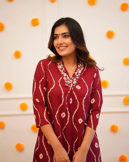 Neckline Thread Work Leheriya Kurti Pant Set (Stitched)