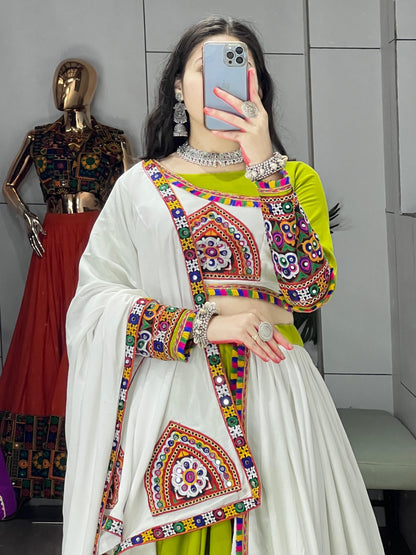 Pure Rayon Kutchi Mill Thread Work White Concept Navratri Special Designer Chaniya Choli (Ready to Wear)