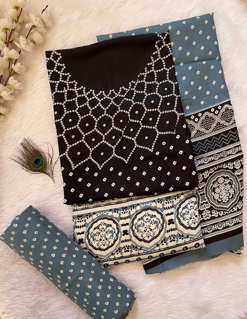 Rayon Cotton Ajrakh Hand block with Bandhani Print Dress Material (Unstitched)