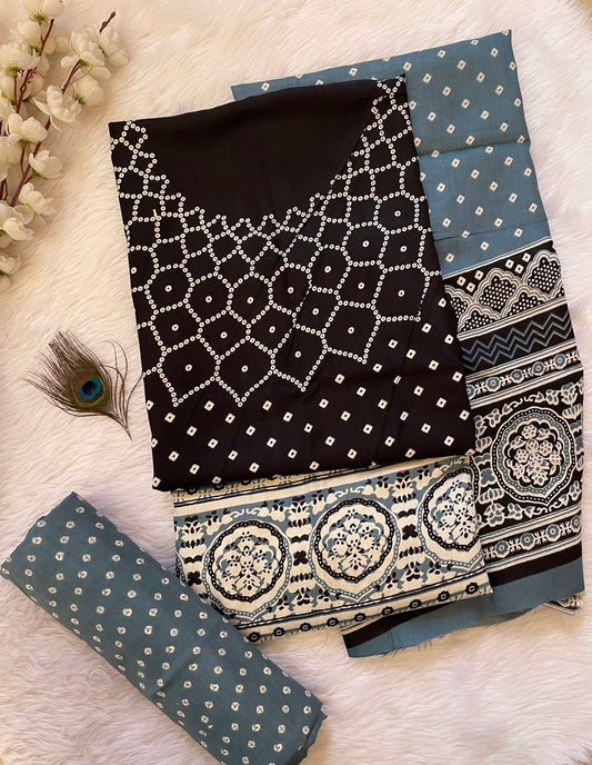 Rayon Cotton Ajrakh Hand block with Bandhani Print Dress Material (Unstitched)