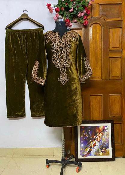 Neck Embroidery work Velvet Kurti Pant Set (Stitched)