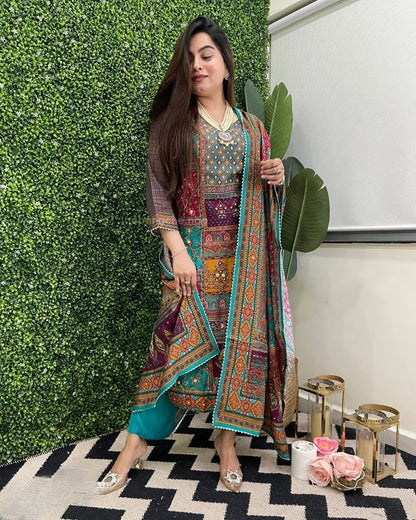 Muslin Real Mirror work Digital Print  Party wear Kurti Pant Dupatta set