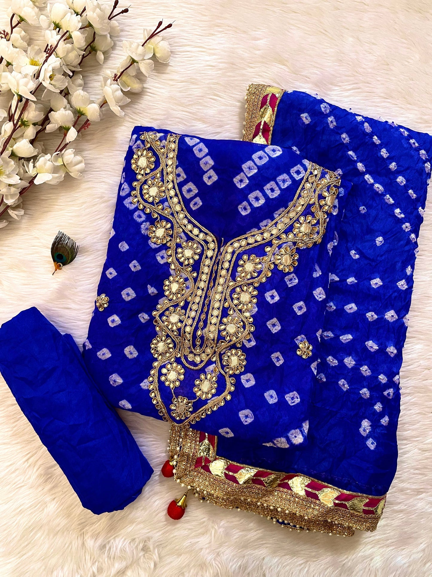 Silk Fabric Neck work with Fumka Work Dupatta Bandhani Dress Material ( Unstitched)