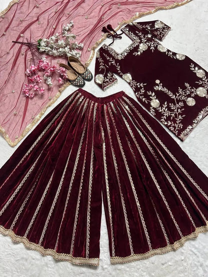 Pure Viscos Heavy Velvet Embroidery Work Velvet Kurti Sharara Set