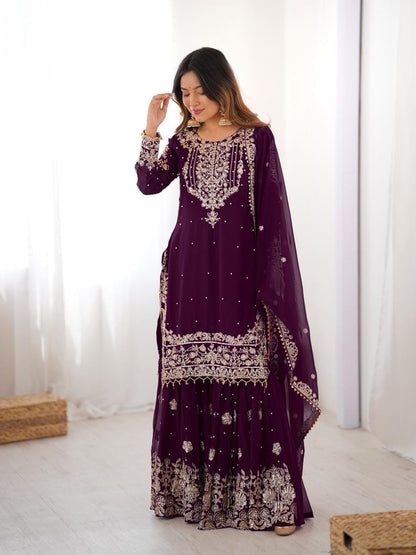 Premium Faux Georgette Embroidery with Moti Work Designer Kurti Sharara Dupatta Set (Ready to Wear)
