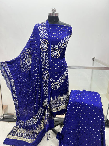 Modal Silk Original Jamnagar Hand Crafted Bandhej Work Bandhani Dress Material (Unstitched)