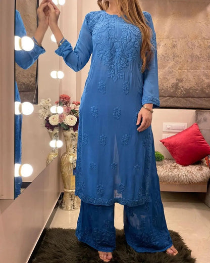 Rayon Chain Stitch Thread work Kurti Palazzo