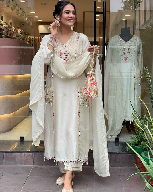 Pure Roman Silk Sequence Embroidery with Kodi Work Summer Special Kurti Pant Dupatta Set