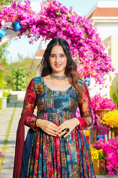 Muslin Digital Print Flair work Kurti Dupatta Set
