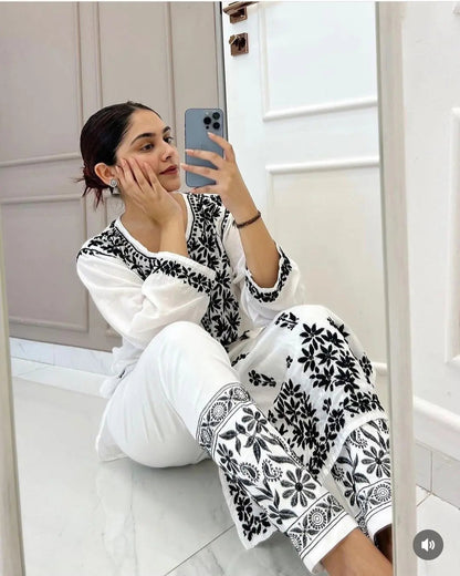 Muslin Chikankari Kurti Pant Set