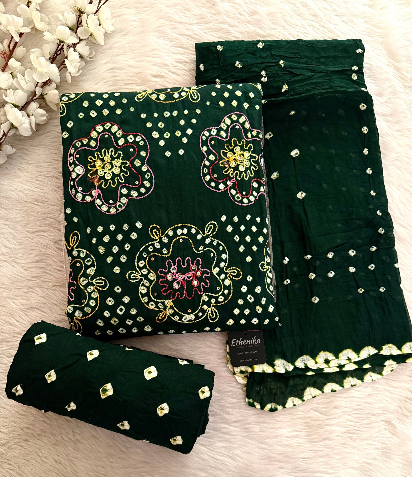 Soft Cotton Mirror Thread Work Bandhani Dress Material
