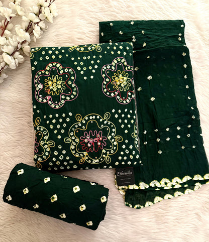 Soft Cotton Mirror Thread Work Bandhani Dress Material