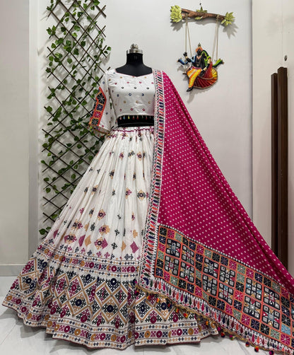 Muslin Digital Print With Mirror Work White Concept Navratri Special Designer Chaniya Choli