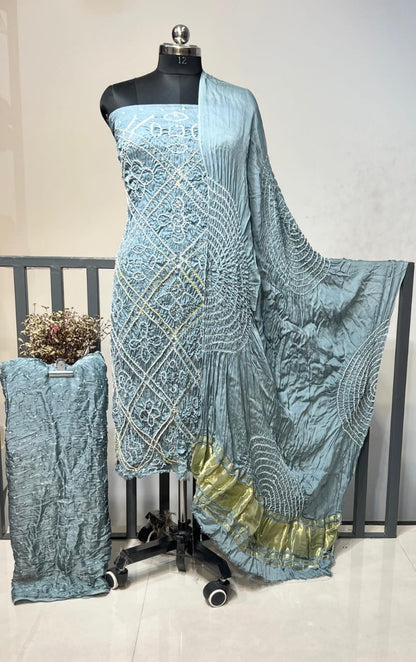 Modal Silk Original Kutch Hand Crafted Barik Bandhej Work Silk Bandhani Dress Material (Unstitched)