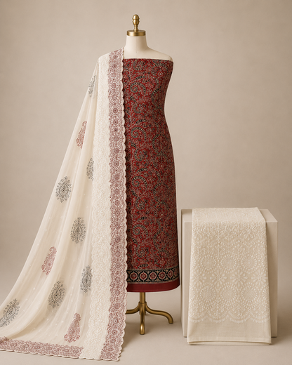 Soft Cotton Hand Block Ajrakh Work with Chikan Salwar 3 Pc Unstitched Dress Material