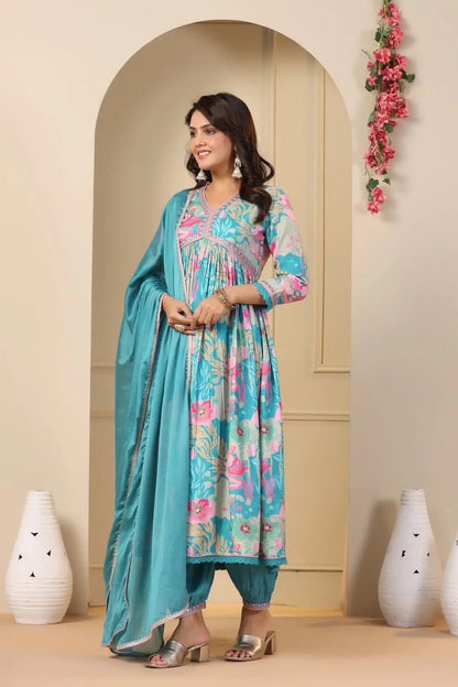 Muslin Alia Cut Zari Embroidery Digital Print work Kurti Pant Set (Stitched)