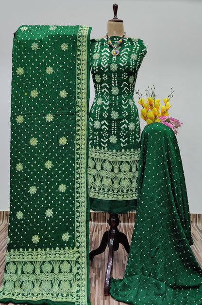 Modal Silk Lakhnavi Thread Embroidery work Bandhani Dress Material (Unstitched)