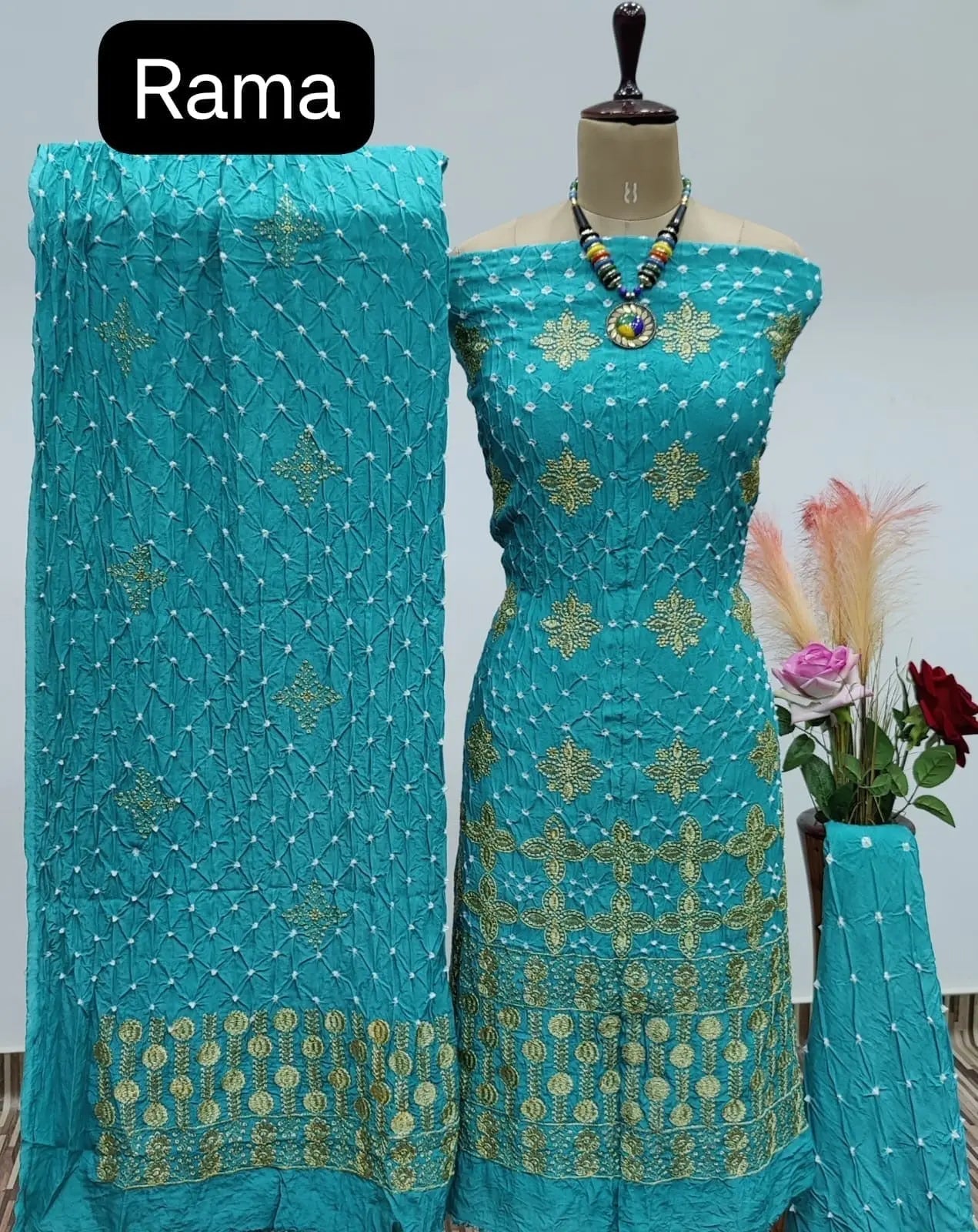 Reyon Embroidery Work Authentic Hand Crafted Kutch Bandhani Dress Material