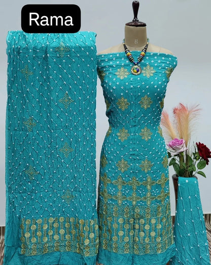 Reyon Embroidery Work Authentic Hand Crafted Kutch Bandhani Dress Material
