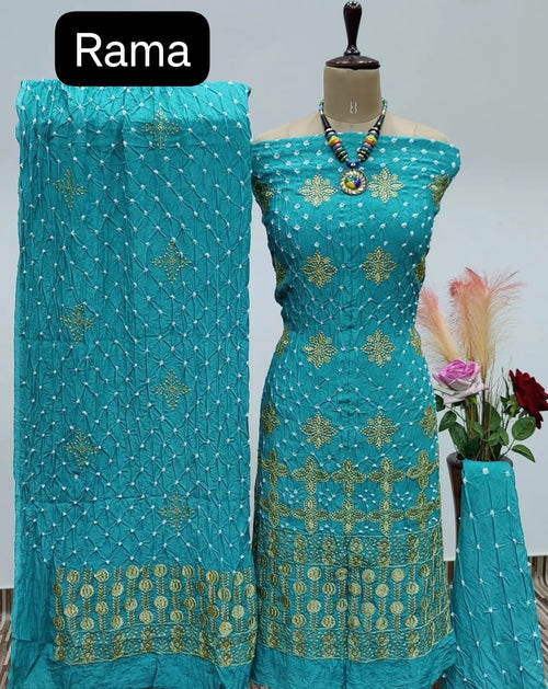 Reyon Embroidery Work Authentic Hand Crafted Kutch Bandhani Dress Material