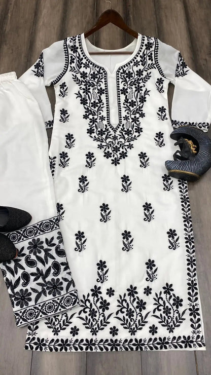 Muslin Chikankari Kurti Pant Set