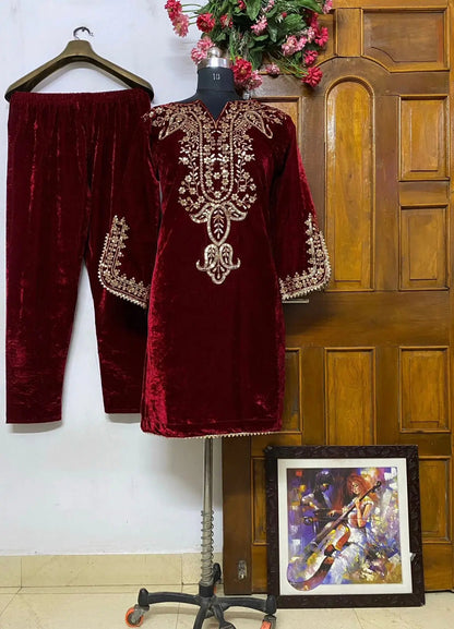 Neck Embroidery work Velvet Kurti Pant Set (Stitched)