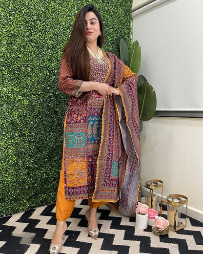 Muslin Real Mirror work Digital Print  Party wear Kurti Pant Dupatta set