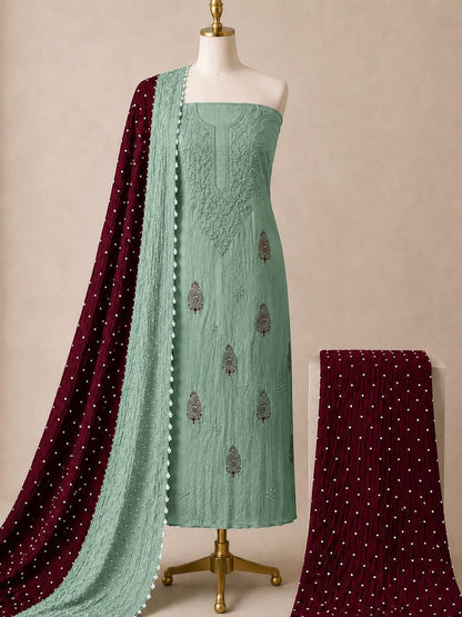 Soft Cotton Lakhnavi Thread Work 3Pc Unstitched Bandhani Dress Material