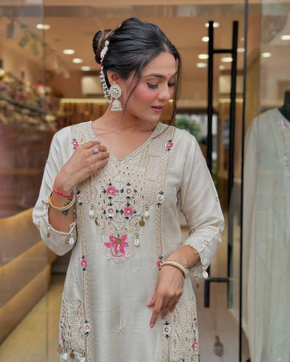 Pure Roman Silk Sequence Embroidery with Kodi Work Summer Special Kurti Pant Dupatta Set
