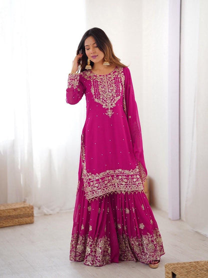 Premium Faux Georgette Embroidery with Moti Work Designer Kurti Sharara Dupatta Set (Ready to Wear)