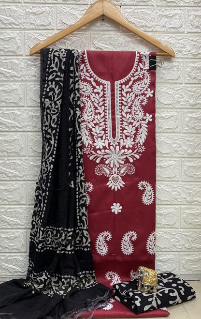 Slub cotton Neckwork with Batik work Dupatta and Salwar Dress Material (Unstitched)