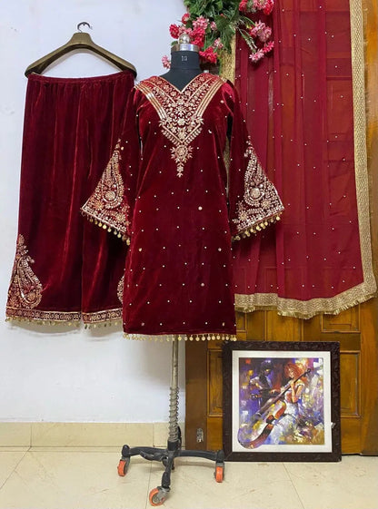 Winter Velvet Embroided Kurti Pant Dupatta Set