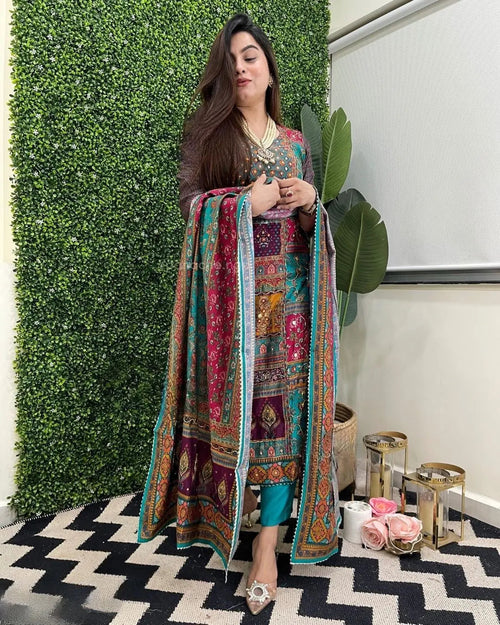Muslin Real Mirror work Digital Print  Party wear Kurti Pant Dupatta set