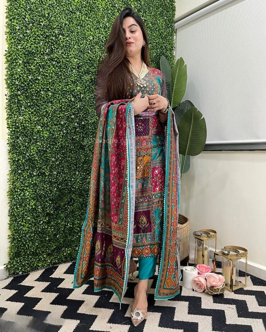 Muslin Real Mirror work Digital Print  Party wear Kurti Pant Dupatta set