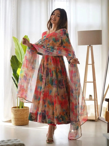 Organza Floral Digital Print Flair Dress Suit