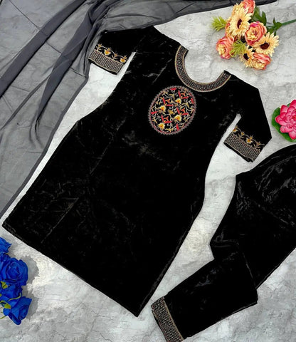 Winter Special Designer Black Velvet Kurti Pant Dupatta Set
