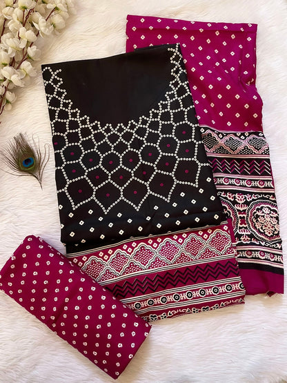 Rayon Cotton Ajrakh Hand block with Bandhani Print Dress Material (Unstitched)