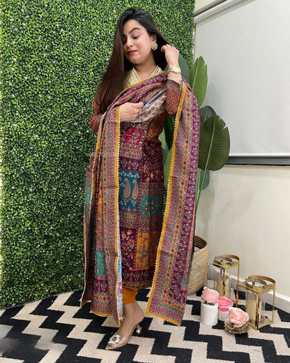 Muslin Real Mirror work Digital Print  Party wear Kurti Pant Dupatta set