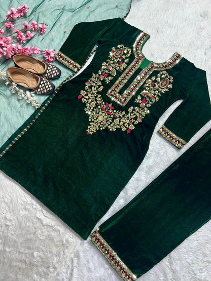 Neck Embroidery Work Winter Wear Velvet Kurti Pant Dupatta Set