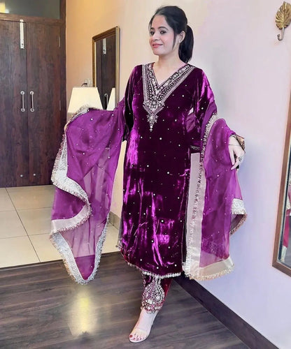 Winter Velvet Embroided Kurti Pant Dupatta Set